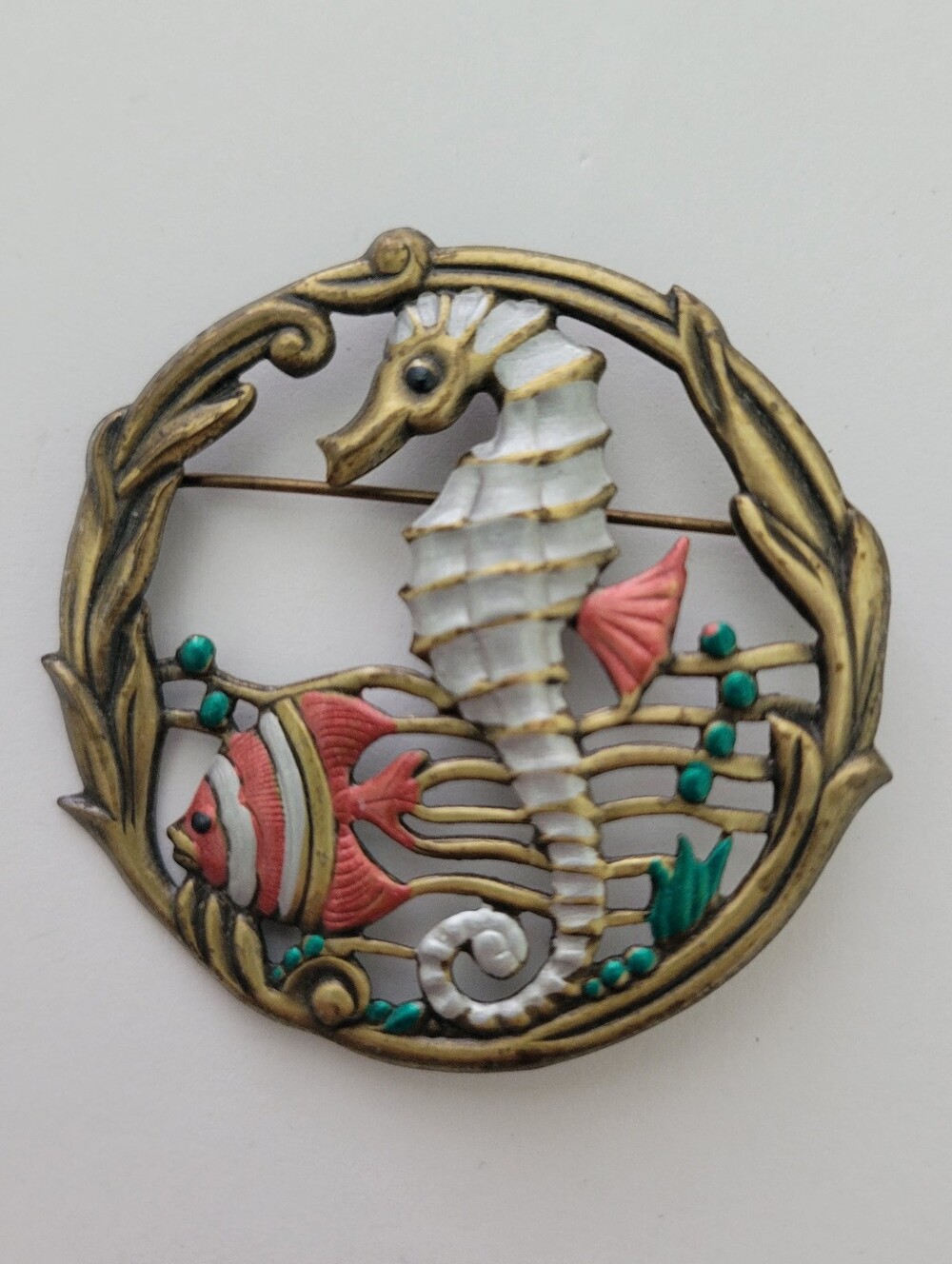 Vintage Brooch Pin Sealife Seahorse Fish Open Work Ocean Coastal Enamel Beach